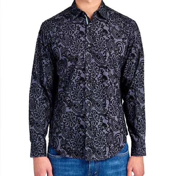 Kilburne And Finch Other - Kilburne Finch Men's Blue Floral Paisley Velvet Button Down Dress Shirt Size‎ XL